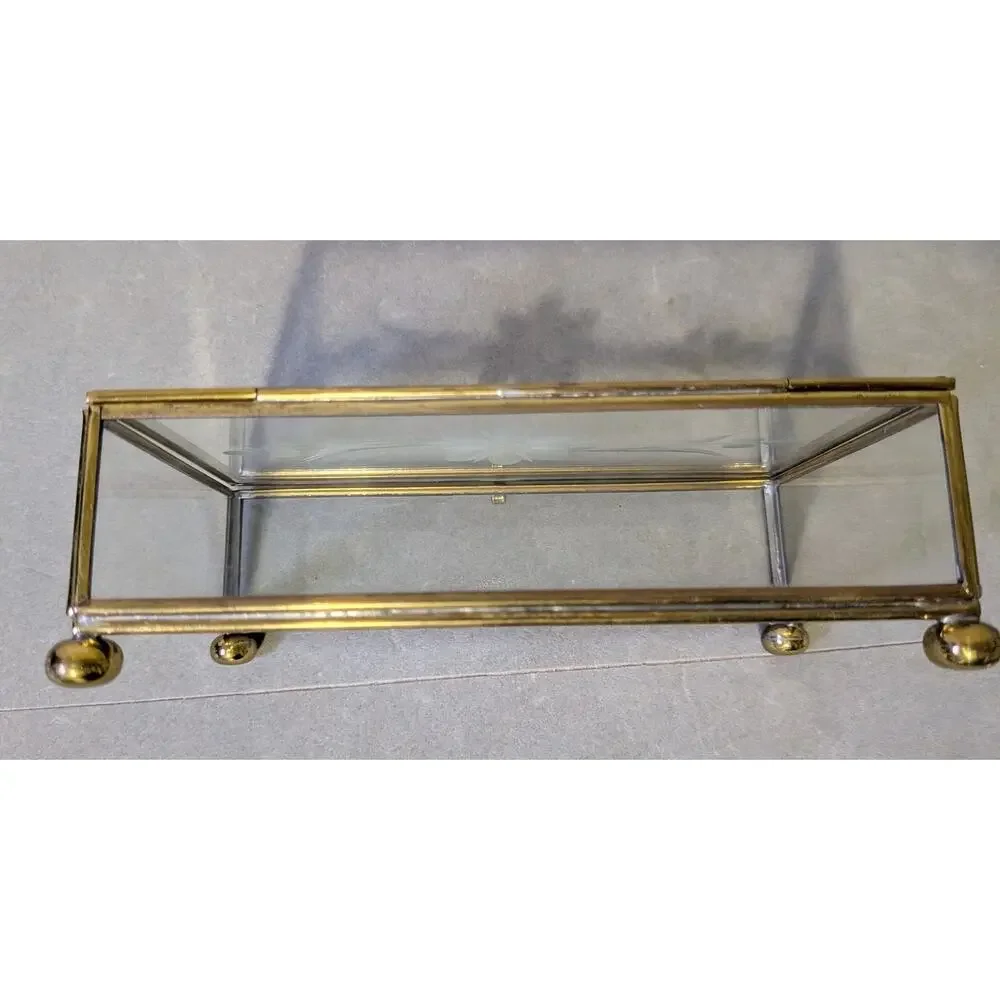 Vintage Brass & Glass Trinket Box Etched Floral Lid Jewelry Case Vanity Decor